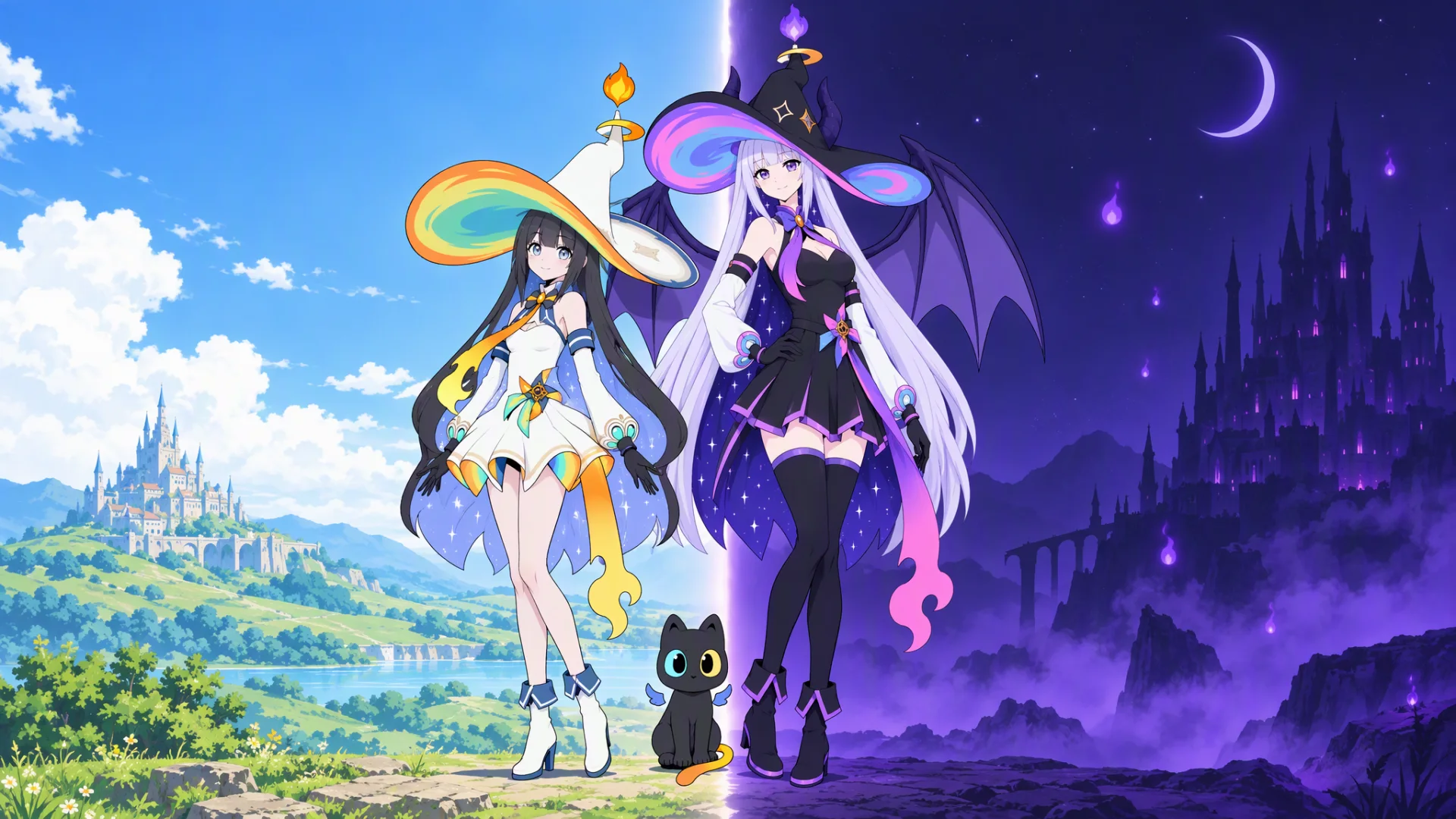 Michiru on the daylight side and Mitsuki on the night side, Jiku the cat sitting between them